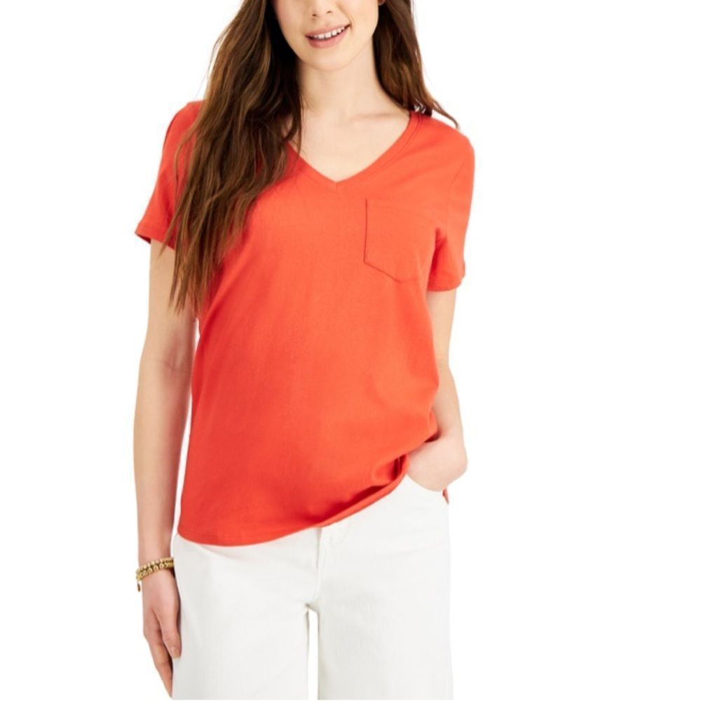NWT Style & Co Orange Cotton V-Neck Short Sleeve T-Shirt SZ-M